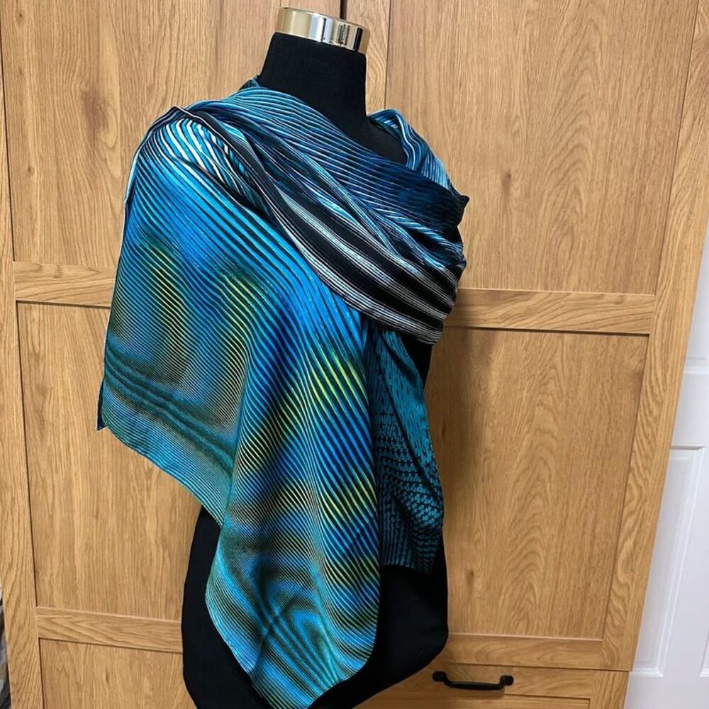 Women’s Silky Pleated Scarf Blue Teal Turquoise Modern Abstract Striped Wrap